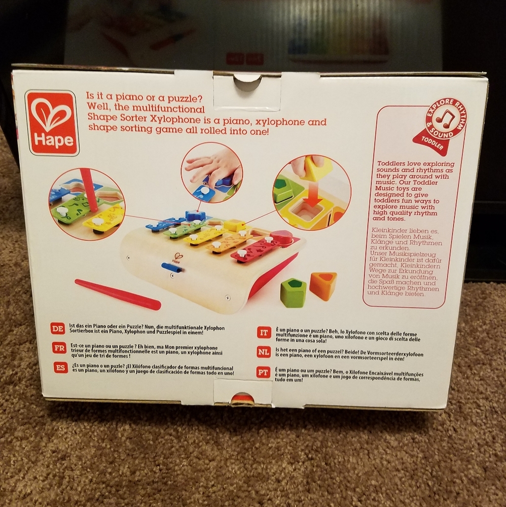 Brand New in the box Hape colorful wooden shape sorter, piano, and xylophone set - Picture 2 of 3